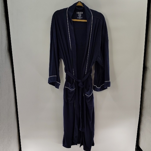 IZOD Sleepwear Robe Size One Size Navy With White Trim Front Pockets Unisex - Picture 1 of 5